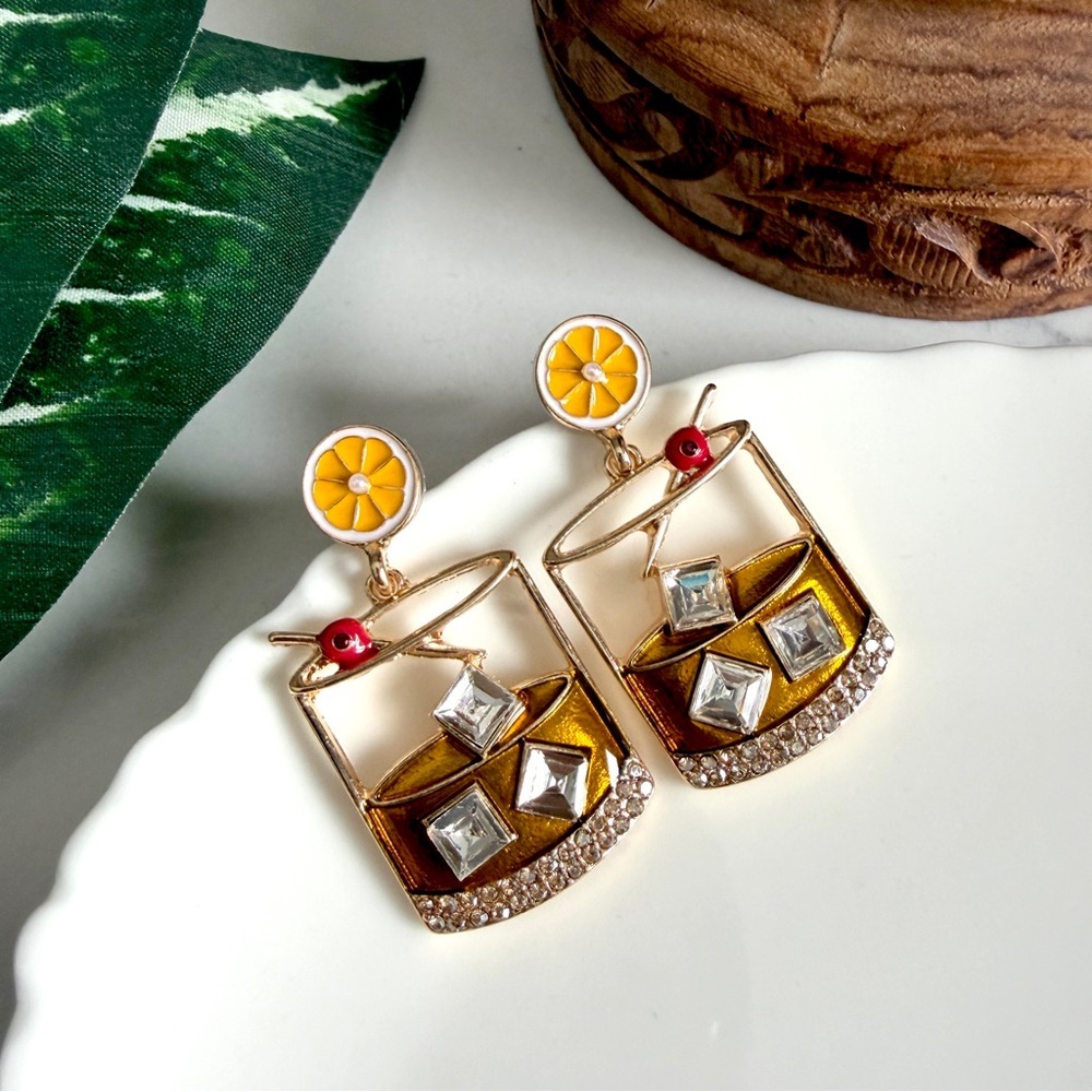 On The Rocks Cocktail Drink Statement Earrings Quirky Whimsical Bar Jewelry NEW
